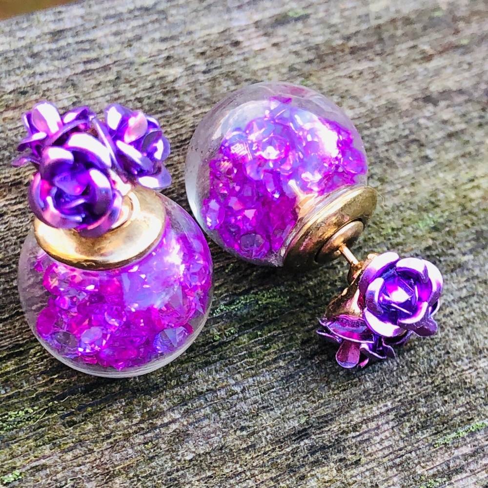 Flower crystal ball earrings purple double studded